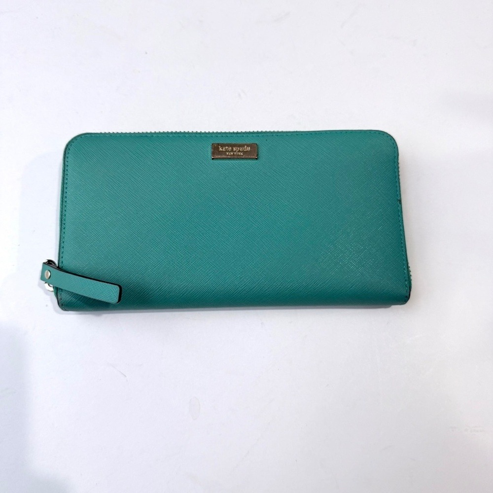 KATE SPADE Green Saffiano Leather 4.5x8" Zip 12 Card Slot Accordion Wallet WW10